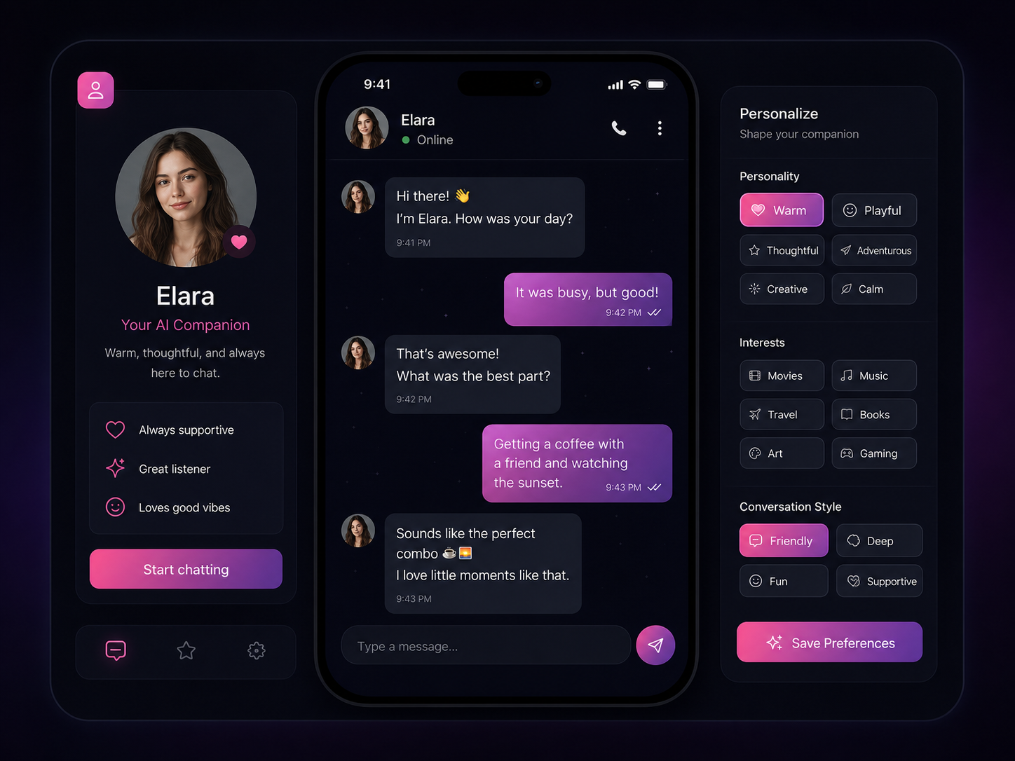 AI companion chat interface preview